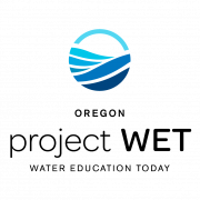 Logo with blue circle with waves, text: Oregon Project WET, Water Education for All